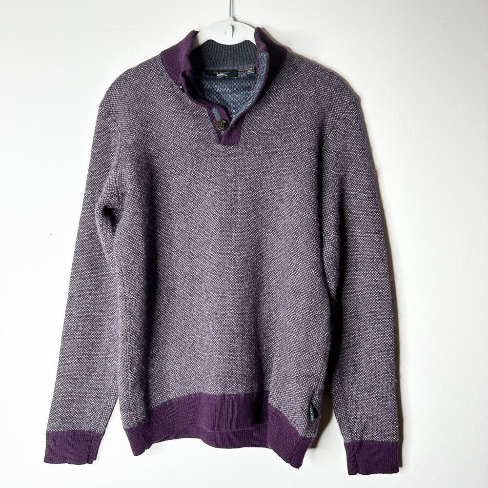 Ted Baker Sweater Mens S Maroon Wool Alpaca Pullover Henley Tweed Preppy Classic